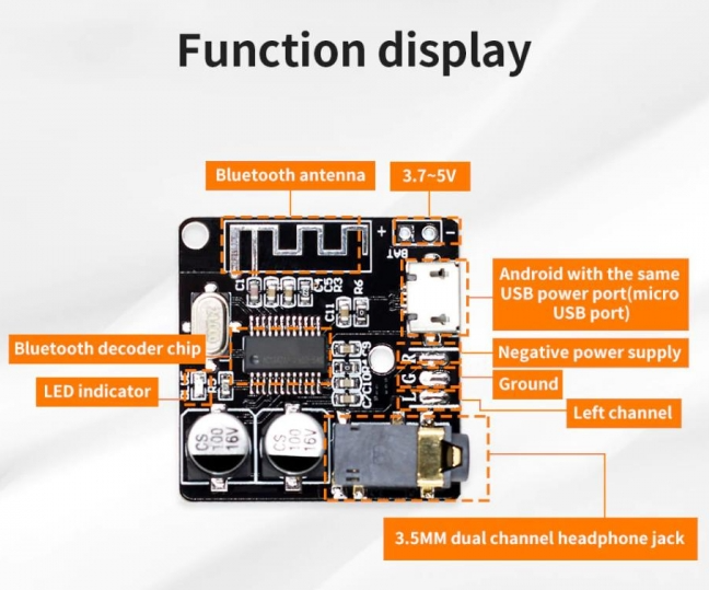 Модуль MP3 Bluetooth 5.0 / VHM-314 (Type-C, без потерь, стерео плата с декодером)