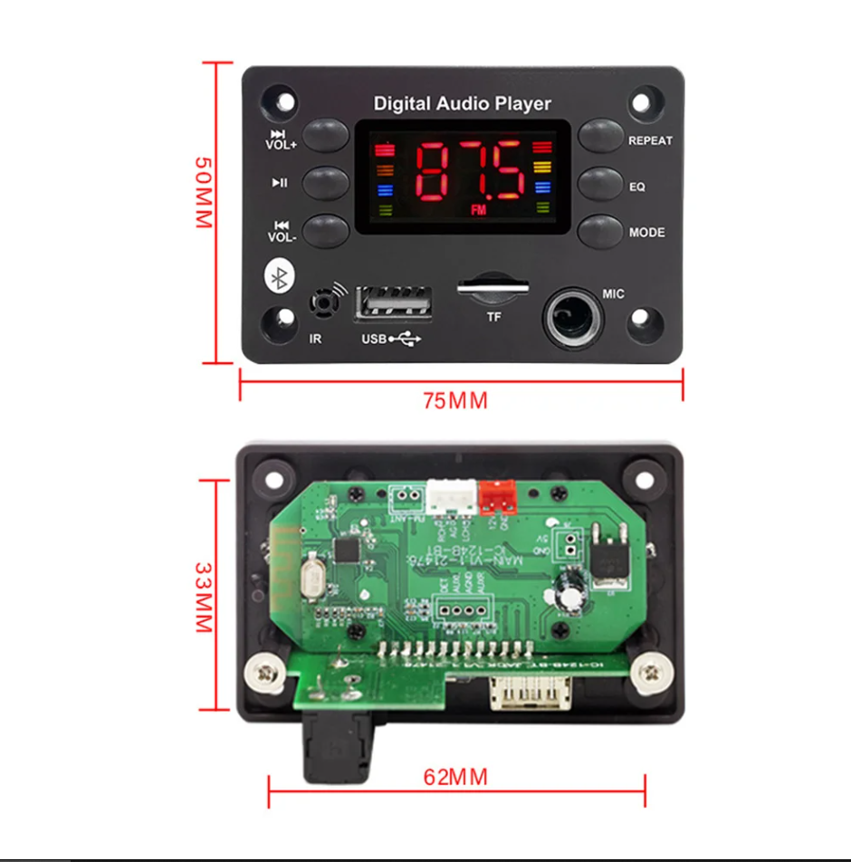 Автомобильный MP3 декодер Bluetooth 5.0 + FM + USB + MicroSD / 5-12V