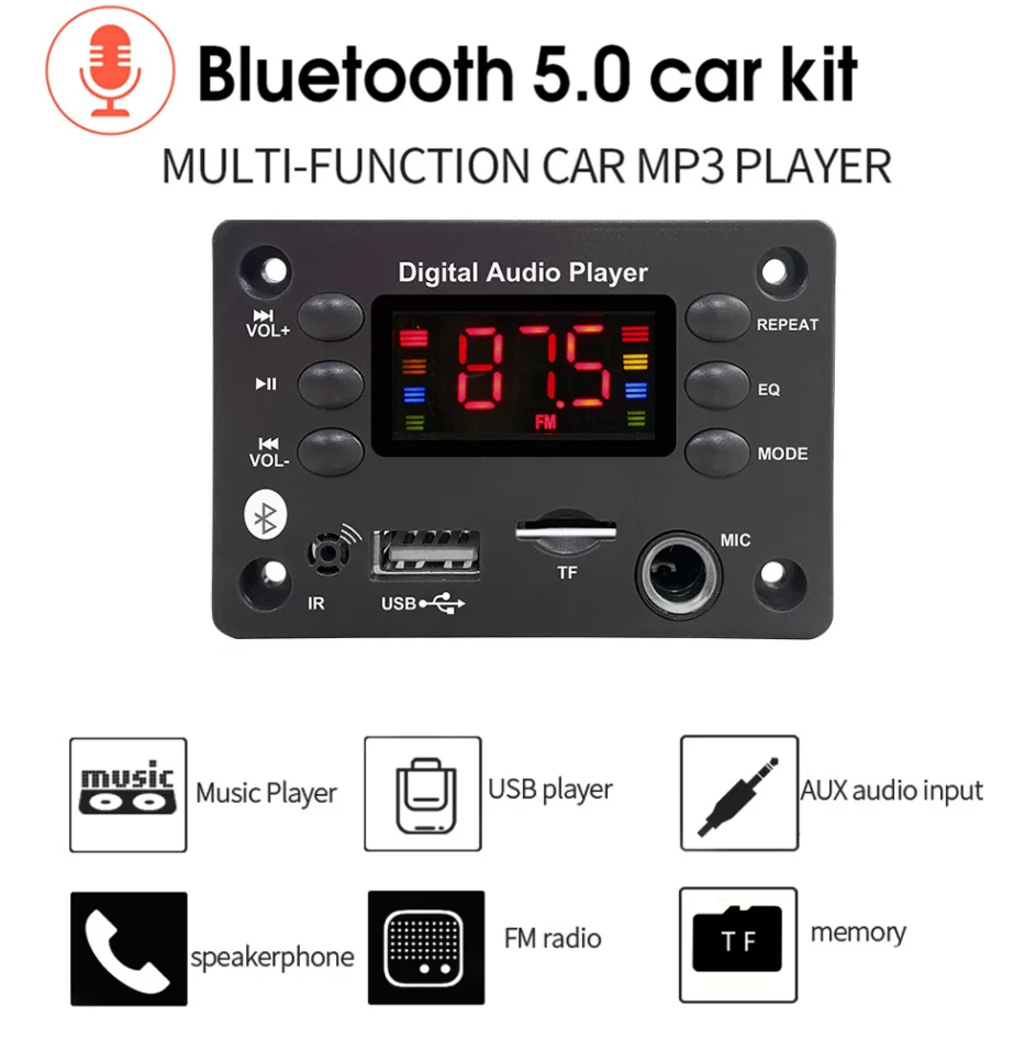 Автомобильный MP3 декодер Bluetooth 5.0 + FM + USB + MicroSD / 5-12V