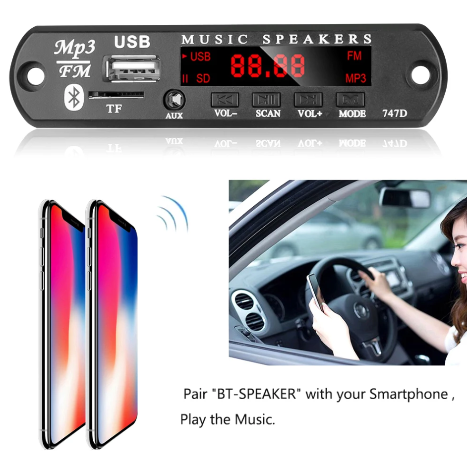 Автомобильный MP3 декодер Bluetooth 5.0 + FM + USB + MicroSD / 12V